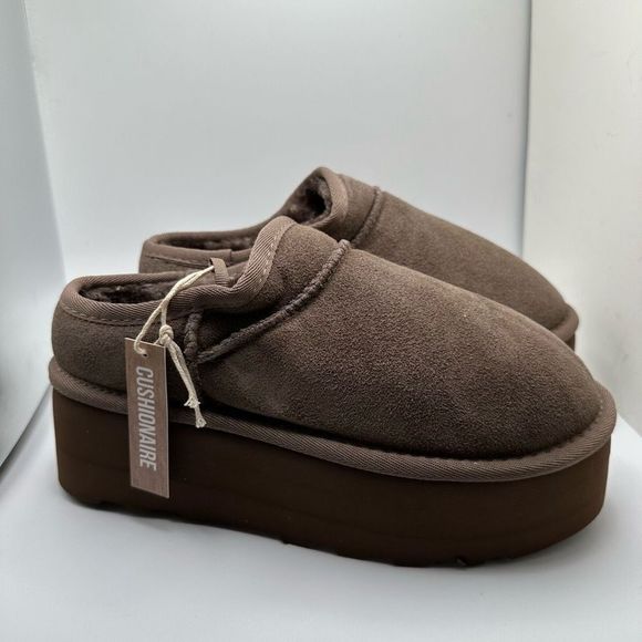 CUSHIONAIRE Women's Genuine Suede Cozy Mule Platform +Memory Foam 6.5 WIDE TAUPE - Picture 1 of 7